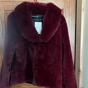 Faux fur cranberry dressy jacket.
